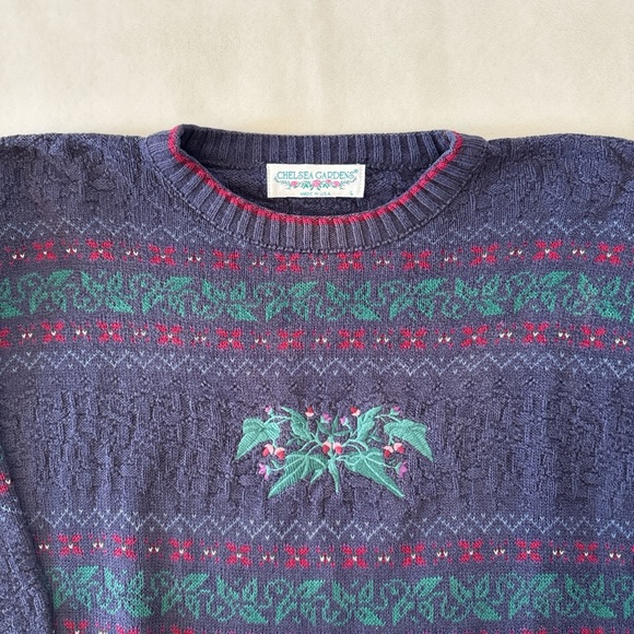 Vintage Chelsea Gardens Floral Navy Purple Teal Sweater Women's Large - Picture 3 of 6